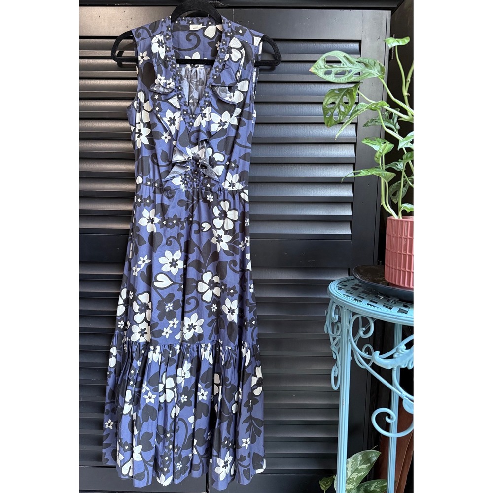 100% Cotton Blue Mod Floral Print Faux Wrap Dress Warm 1 Small